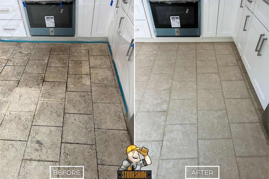 Before and after of StoneShine's ceramic tile cleaning and sealing service in Irvine. A stained kitchen floor is transformed into a clean, sealed, and refreshed surface.