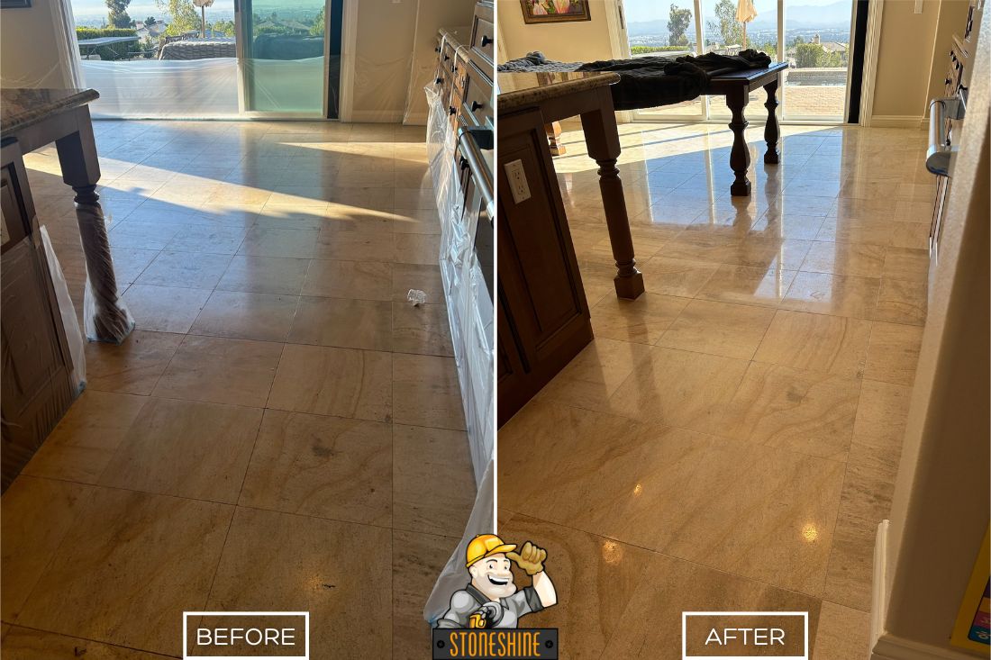 Before and after of StoneShine's limestone restoration service in Huntington Beach. A dull and worn kitchen floor is transformed into a polished, reflective, and luxurious surface, enhancing the space with a refreshed and modern look.
