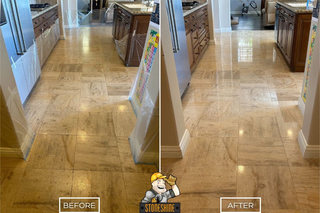 Before and after of StoneShine's limestone restoration service in Huntington Beach. A dull and stained kitchen floor is transformed into a smooth, polished, and vibrant surface, enhancing the room's elegance.