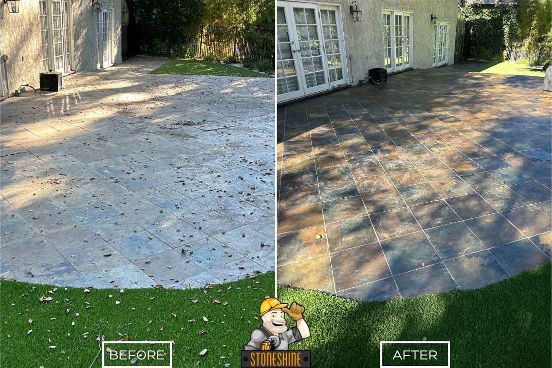 Before and after StoneShine's slate cleaning and sealing service in Huntington Beach. A dull and stained patio floor is rejuvenated into a vibrant, glossy, and sealed surface.