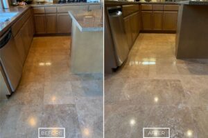 Before and after of StoneShine's travertine restoration service in Huntington Beach. A dull and stained kitchen floor is transformed into a smooth, polished surface with renewed shine and elegance.