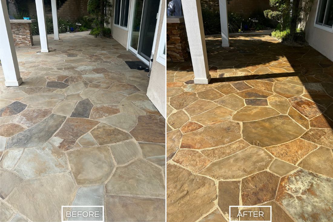 Before and after of StoneShine's flagstone cleaning and sealing service in Southern California. A dull and discolored patio is thoroughly cleaned and sealed, reviving its vibrant natural hues