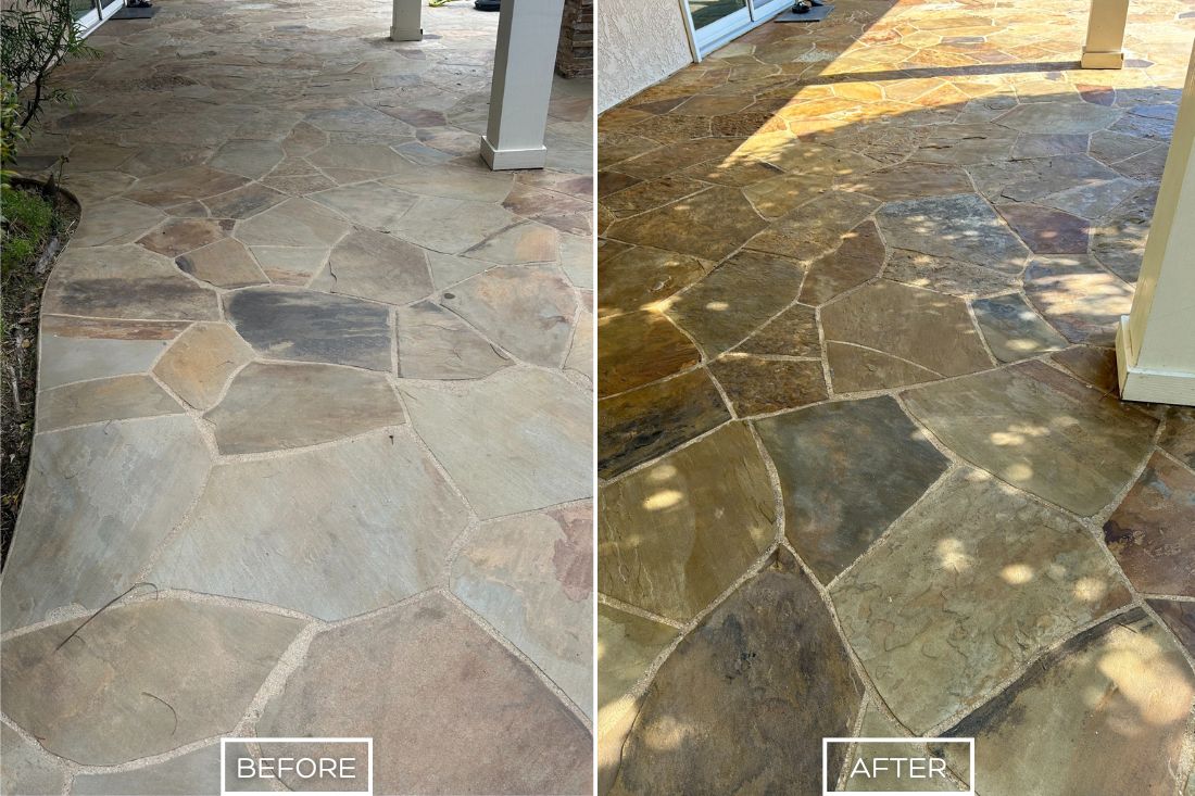 Before and after of StoneShine's flagstone cleaning and sealing service in Southern California. A faded and weathered patio is deeply cleaned and sealed, restoring the flagstone's rich colors and providing a smooth, protected finish for enhanced durability and beauty.