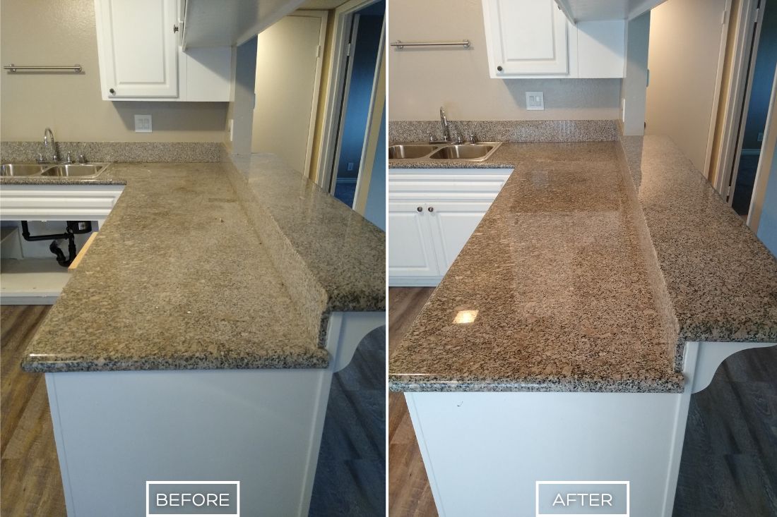 Before and after of a granite countertop professionally cleaned and sealed by StoneShine in Southern California. The surface regains its natural shine and protection, enhancing its durability and appearance.