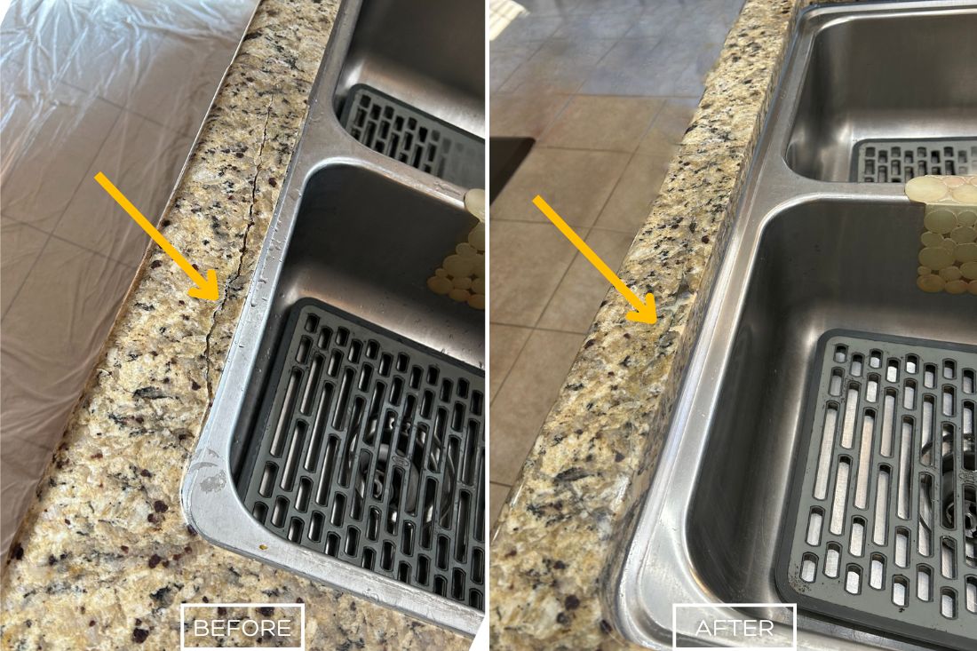 Granite countertop crack and chip repair shown in before-and-after photos. The restored edge blends smoothly with the rest of the stone for a flawless finish.