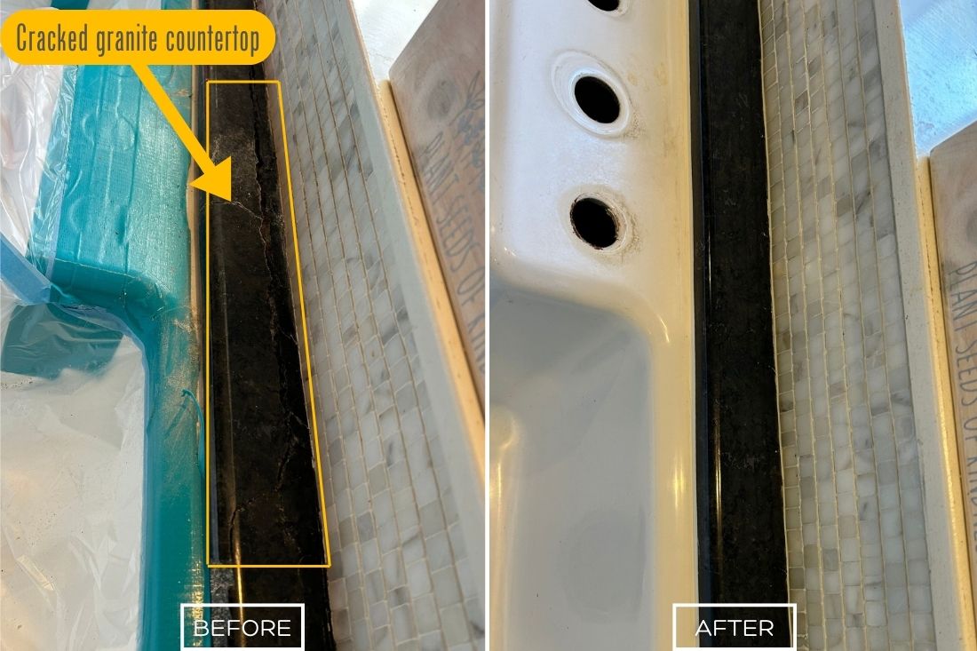 Before and after of a cracked granite countertop repaired near a sink. The surface is seamlessly restored, showing a smooth and polished finish.