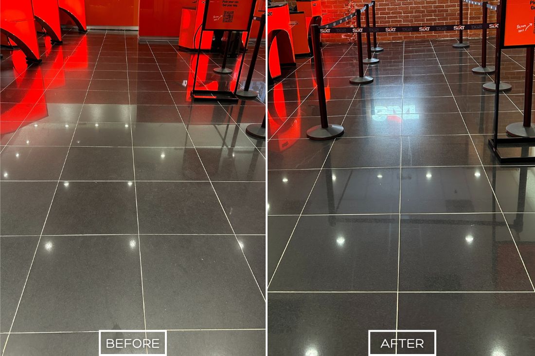 Before and after of StoneShine's granite polishing service in Southern California. A dull and scuffed commercial floor is transformed into a sleek, polished surface with a vibrant shine, enhancing the space's professional appearance.