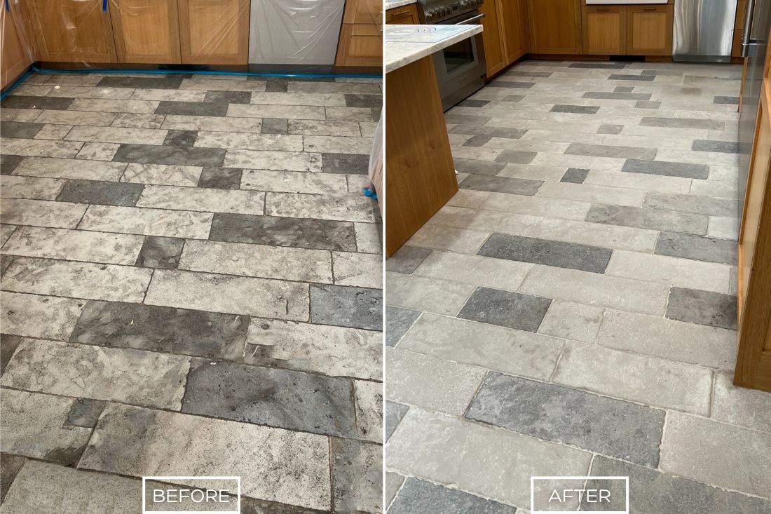 Before and after of StoneShine's limestone floor restoration service in Southern California. A stained and dull kitchen floor is cleaned and restored, revealing a refreshed, smooth, and natural finish.