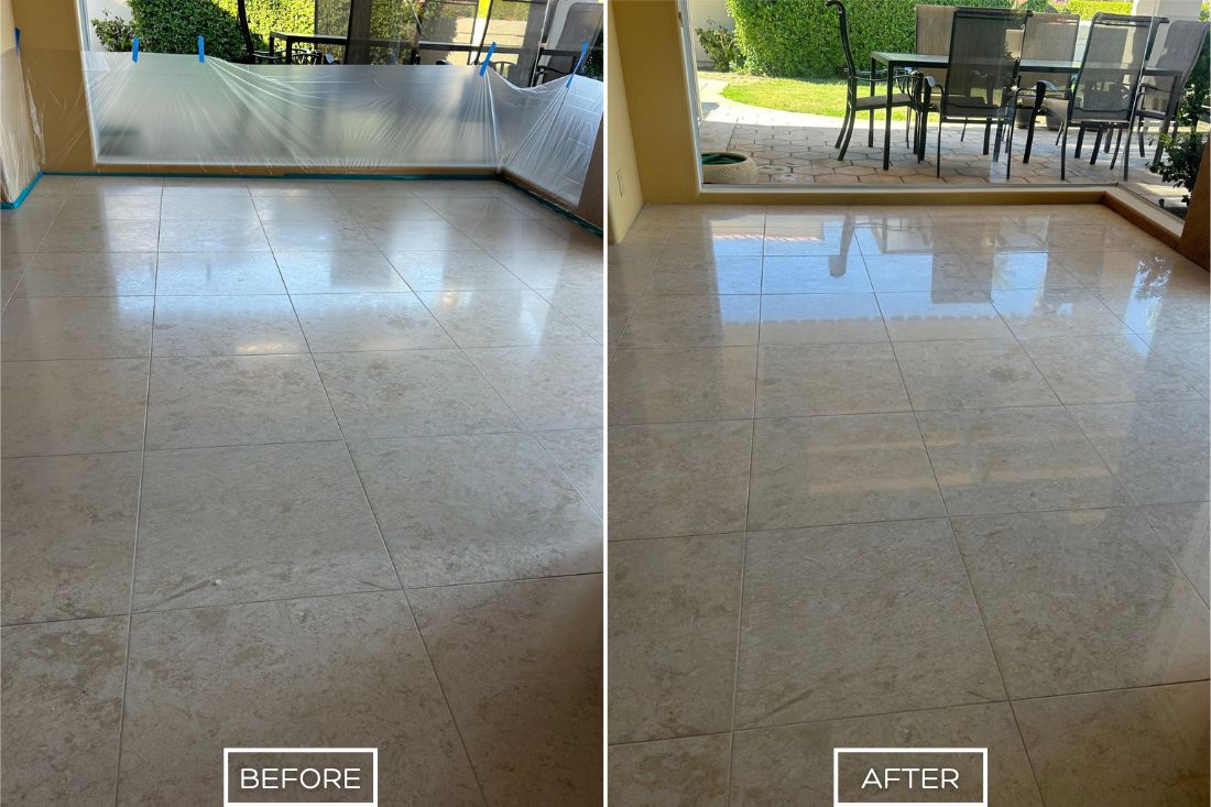 Before and after of StoneShine's limestone polishing service in Southern California. A dull and worn floor is transformed into a smooth, glossy, and reflective surface, enhancing the natural elegance of the limestone and brightening the space.