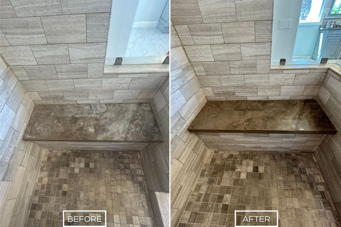 Before and after of StoneShine's limestone cleaning and sealing service in Southern California. A stained shower bench is thoroughly cleaned and sealed, restoring its natural color.