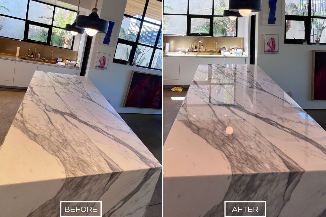 Before and after of StoneShine's marble cleaning and sealing service in Orange. A dull marble countertop is transformed into a pristine, polished surface with enhanced shine and protection.