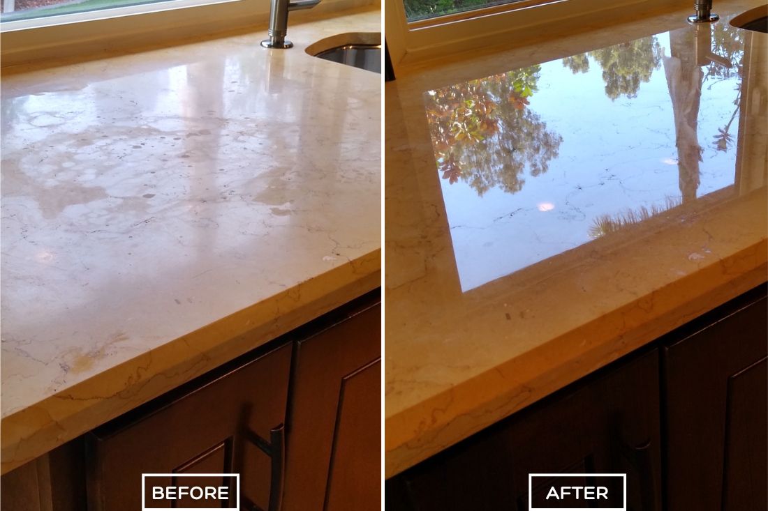 Before and after of StoneShine's marble etch removal service in Orange. A kitchen countertop with visible etching and dullness is restored to a smooth, high-gloss finish, highlighting the marble's natural beauty and elegance.