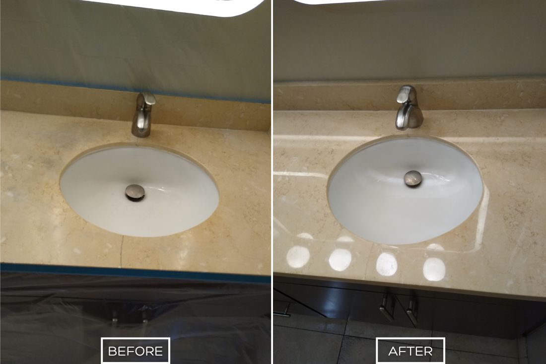 Before and after of StoneShine's marble repair service in Orange. A cracked and dull bathroom countertop is expertly restored, with the crack seamlessly repaired and the surface polished to a smooth, reflective, and flawless finish.