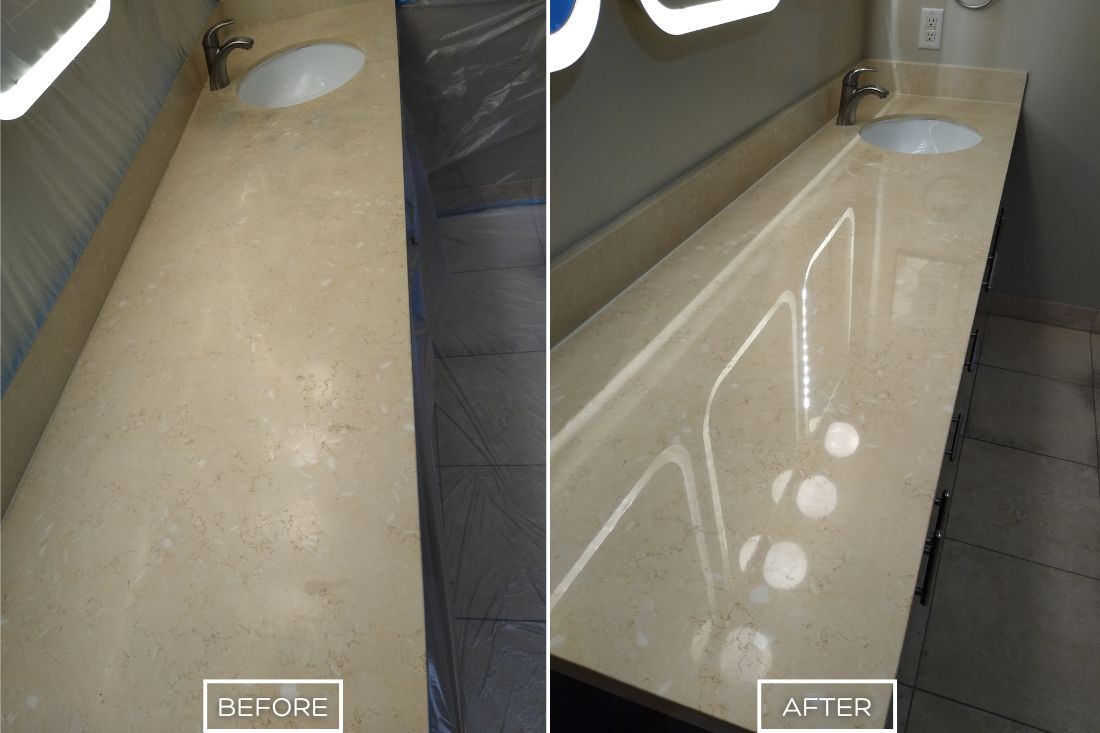 Before and after of StoneShine's marble countertop restoration service in Orange. A dull and etched bathroom countertop is transformed into a smooth, polished surface with a radiant finish, enhancing the vanity's elegance.