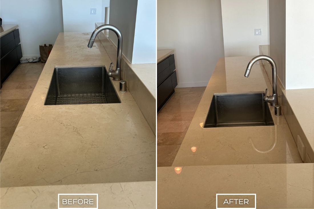 Before and after of StoneShine's marble countertop restoration service in Orange. A dull and etched kitchen countertop is beautifully restored to a smooth, polished surface with a radiant, like-new finish.