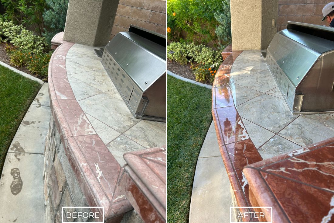 Before and after of StoneShine's marble countertop restoration service in Orange. A weathered outdoor countertop is restored to a sleek, polished finish, enhancing its natural colors and providing a refreshed, elegant look.