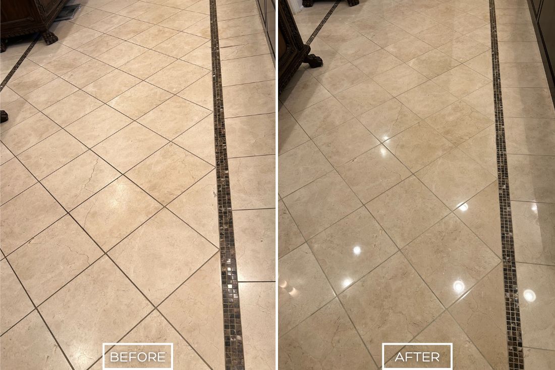 Before and after of StoneShine's marble floor polishing service in Orange. A dull and worn marble floor is transformed into a sleek, polished surface with enhanced shine and a renewed, elegant appearance.