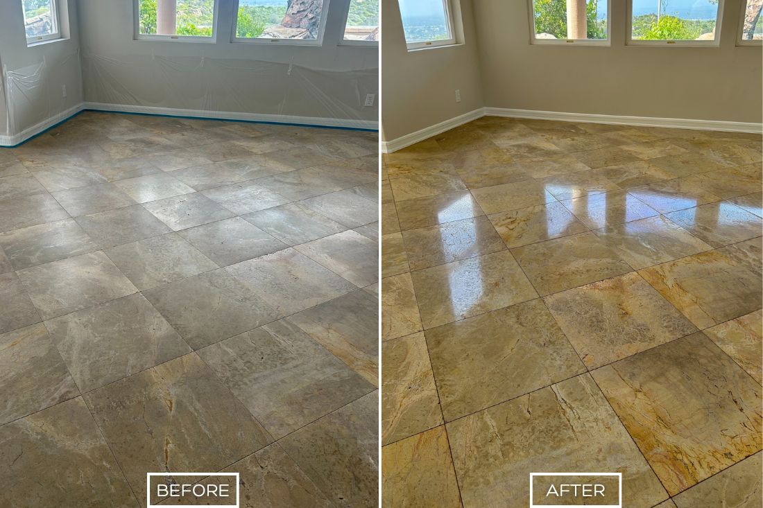 Before and after of StoneShine's marble restoration service in Southern California. A dull and scratched marble floor is restored, revealing a smooth, and polished surface.