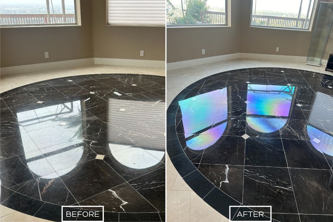Before and after of StoneShine's marble polishing service in Orange. A dull black marble medallion floor is transformed into a sleek, reflective, and high-gloss surface, enhancing the room's elegance.