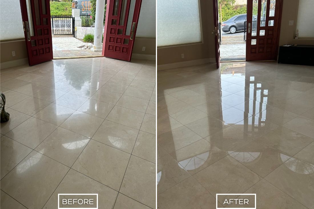 Before and after of StoneShine's marble polishing service in Orange. A dull and scuffed entryway floor is rejuvenated into a smooth, glossy surface, creating a welcoming and luxurious entrance.