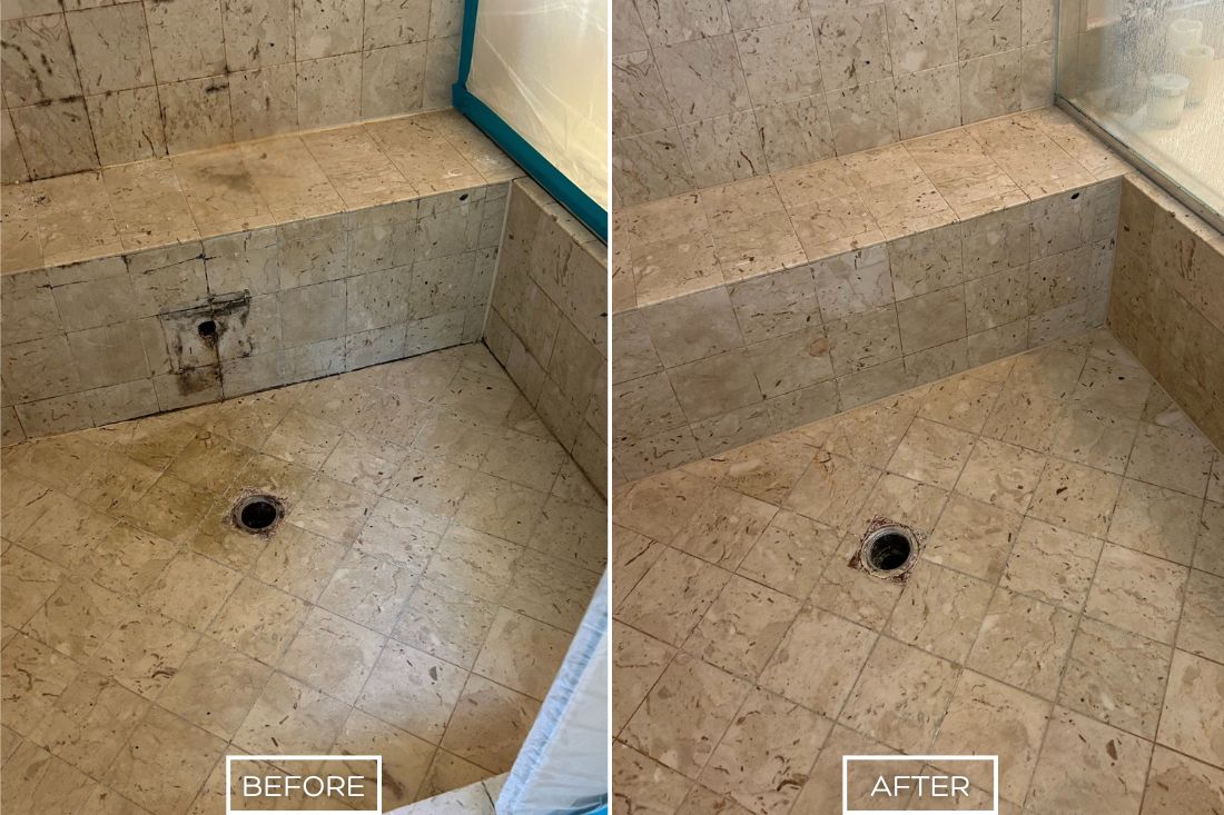 Before and after of StoneShine's marble stain removal service in Orange. A stained and discolored shower floor and bench are restored to a clean, refreshed appearance, enhancing the natural beauty of the marble.