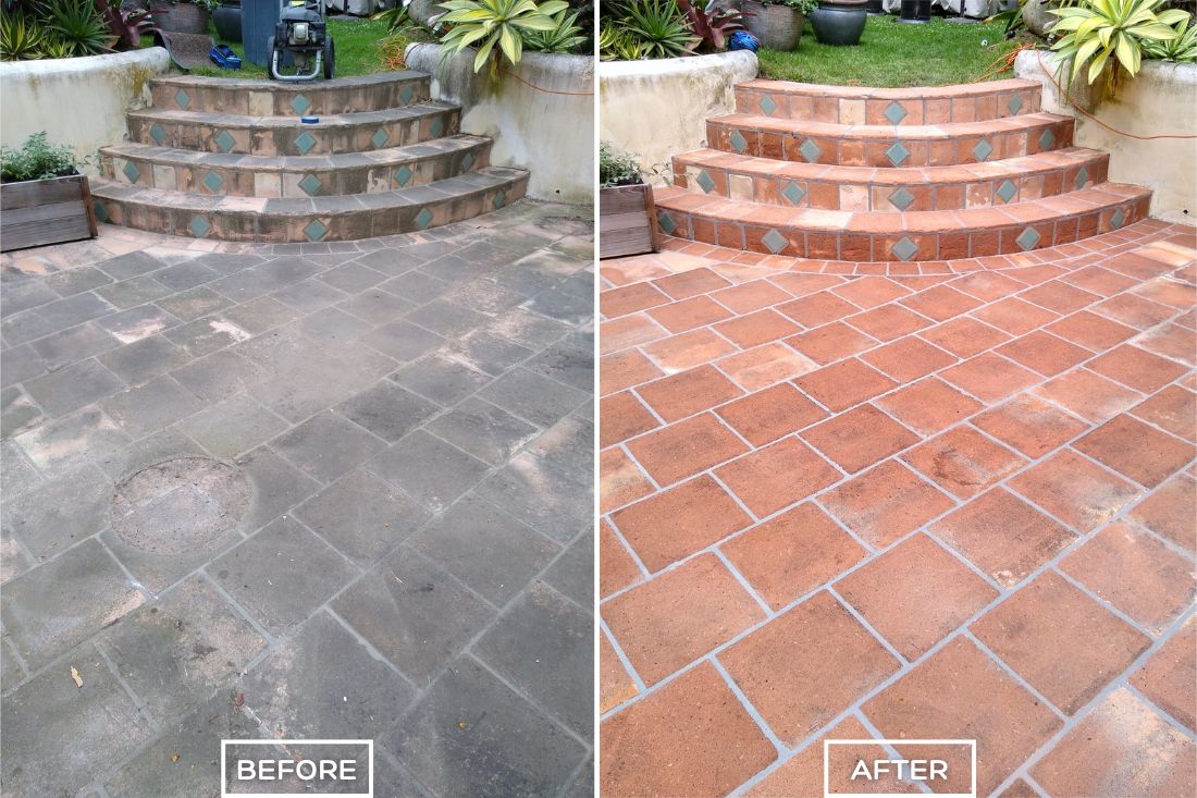 StoneShine revitalized this patio and steps in Southern California with professional paver cleaning and sealing. The once dull and stained surface is now refreshed, showcasing its vibrant color and a smooth, protected finish for lasting durability.