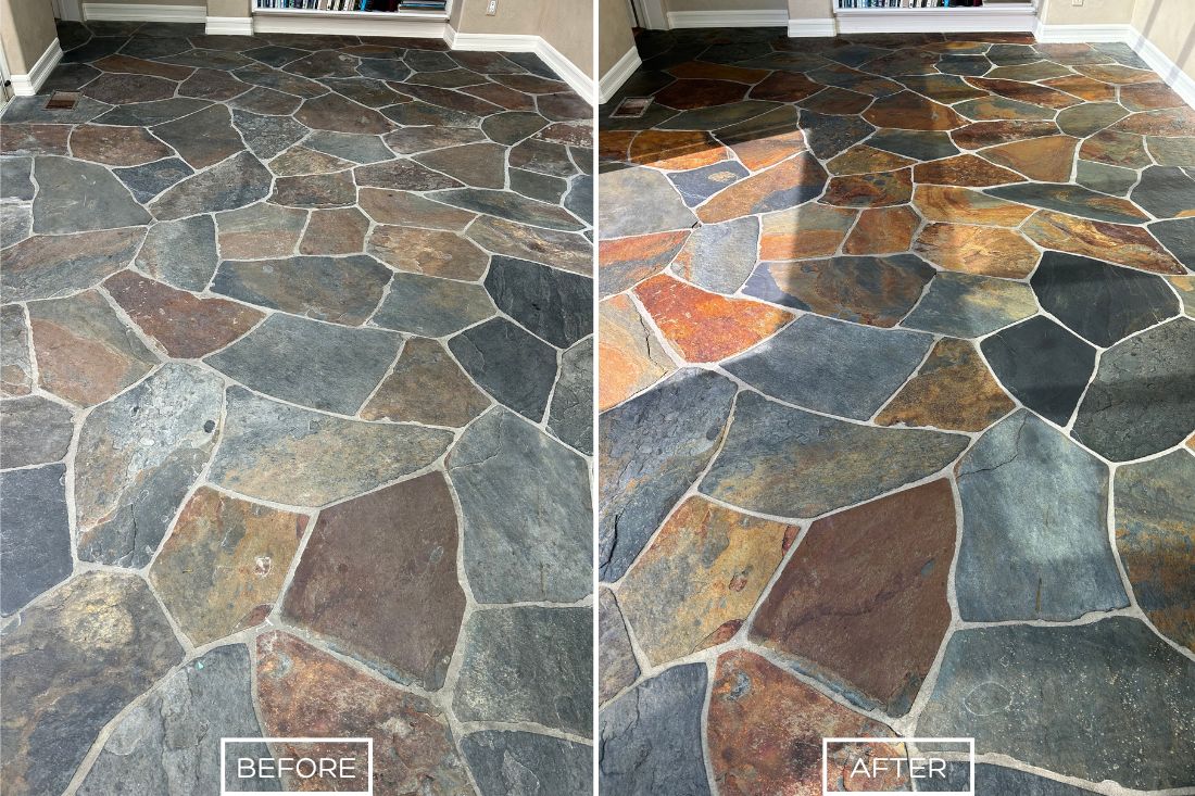 StoneShine refreshed this slate floor in Southern California with expert cleaning and sealing. The once dull and stained surface now showcases vibrant colors and a smooth, protected finish for lasting beauty.