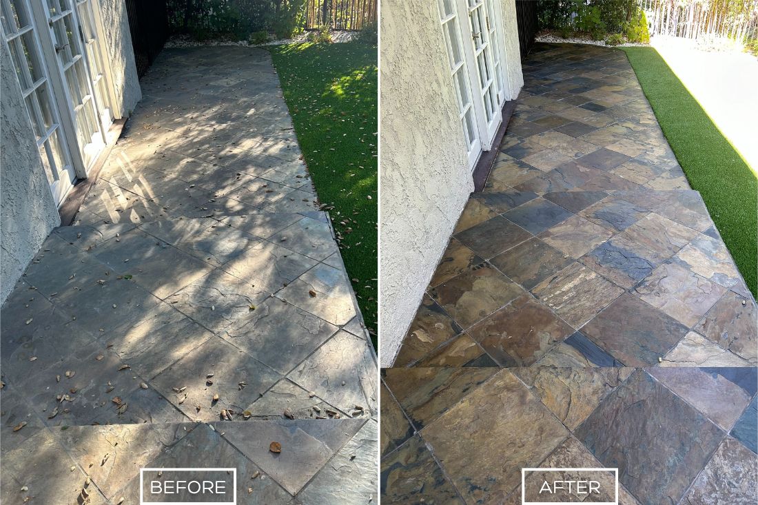 StoneShine restored this outdoor slate patio in Southern California, transforming its dull, weathered surface. After a thorough cleaning, the vibrant colors and smooth finish are beautifully renewed.