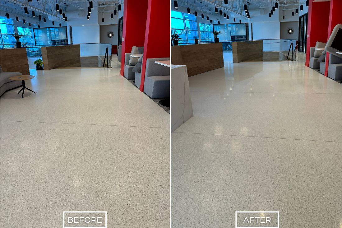 Before and after of StoneShine's cleaning and sealing service in Southern California. A dull and scuffed commercial floor is deep cleaned and sealed, resulting in a bright, smooth, and protected surface that enhances the professional look of the space.
