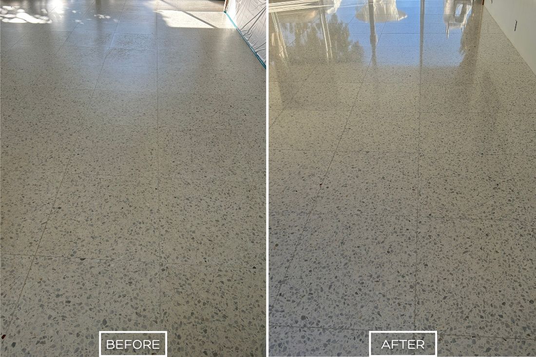 Before and after of StoneShine's travertine polishing service in Southern California. A dull and lifeless floor is transformed into a sleek, polished surface with a vibrant, reflective finish, enhancing its natural beauty.