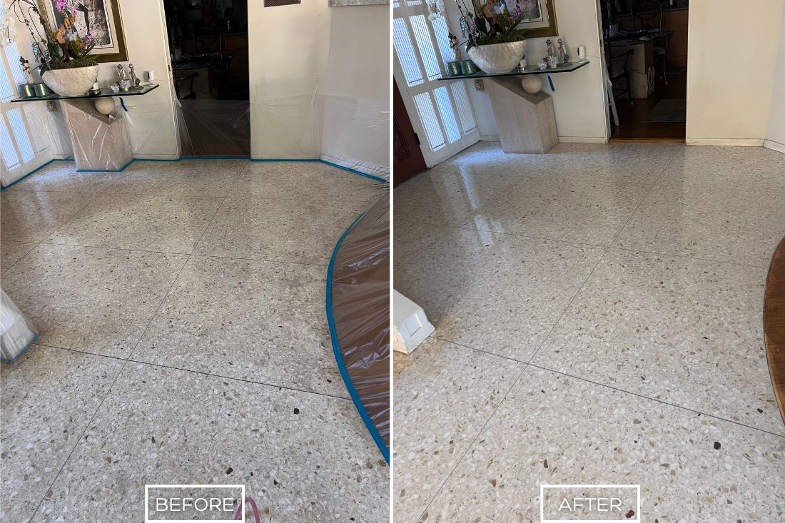 Before and after of StoneShine's terrazzo floor restoration service in Southern California. A stained, dull and worn floor is meticulously restored, revealing a smooth, polished, and vibrant surface.