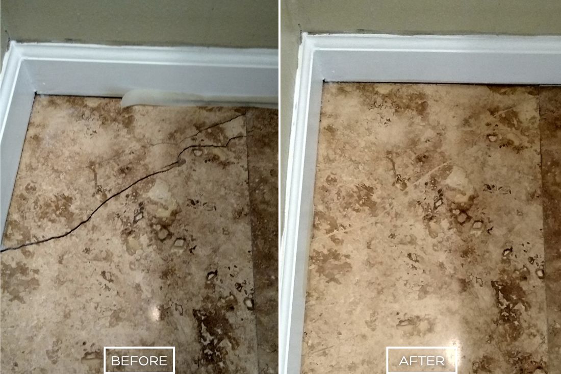 Before and after of StoneShine's travertine repair service in Southern California. A cracked and damaged floor tile is repaired, polished, and like-new appearance.