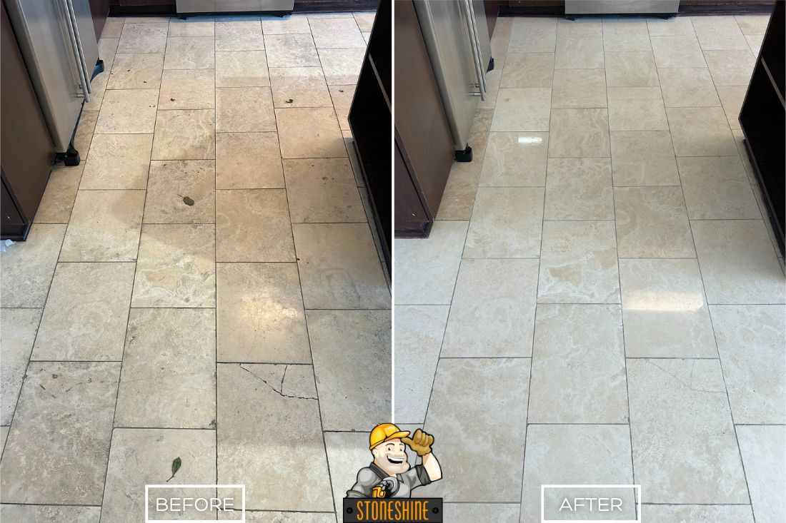 Before and after of StoneShine's travertine restoration service in Laguna Beach. A cracked and dull kitchen floor is transformed into a smooth, polished surface with a renewed and modern appearance.