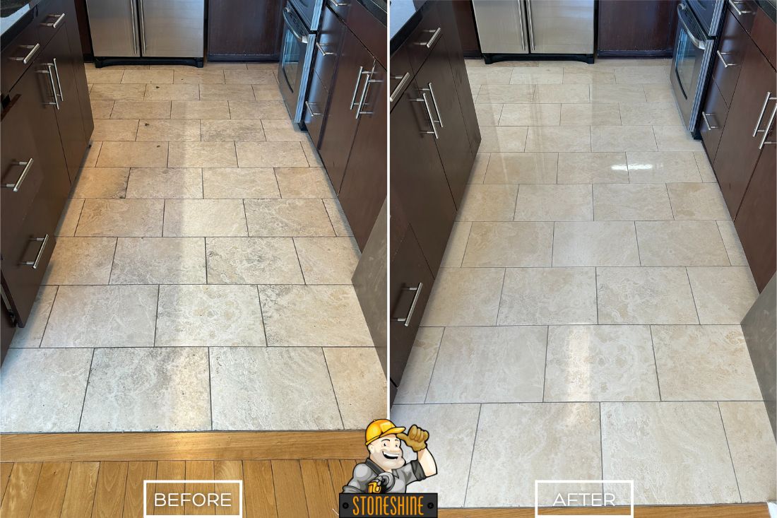 Before and after of StoneShine's travertine floor restoration service in a kitchen. A dull and stained travertine floor is transformed into a smooth, polished, and rejuvenated surface with a like-new appearance.