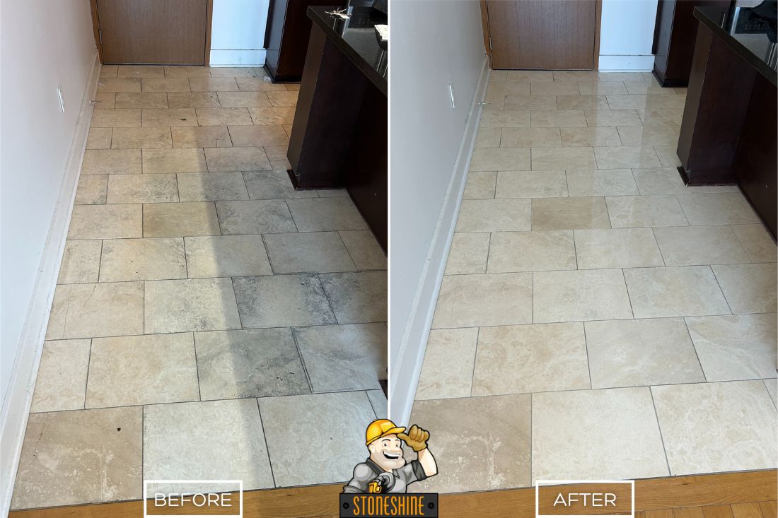 Before and after of StoneShine's travertine floor restoration service in a kitchen. A heavily stained and worn travertine floor is transformed into a clean, polished, and refreshed surface, enhancing the space's overall look.