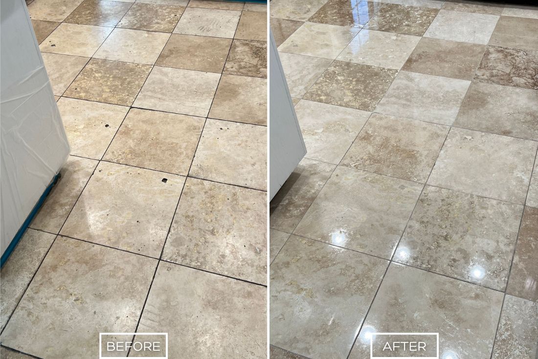 Before and after of StoneShine's travertine hole filling service in Southern California. A kitchen floor with visible holes and imperfections is repaired and polished, restoring a smooth, uniform, and glossy surface.