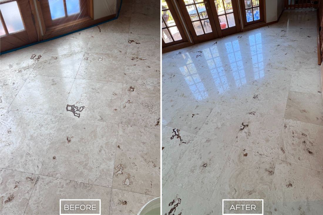 Before and after of StoneShine's travertine polishing service in Southern California. A dull and worn floor is transformed into a smooth, glossy, and reflective surface, enhancing the natural beauty and elegance of the travertine.