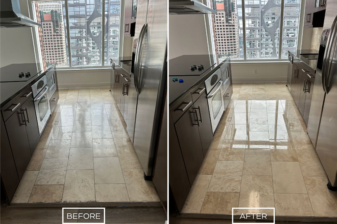 Before and after of StoneShine's travertine restoration service in Southern California. A dull and stained kitchen floor is expertly restored, removing imperfections to reveal a smooth, polished, and vibrant surface.