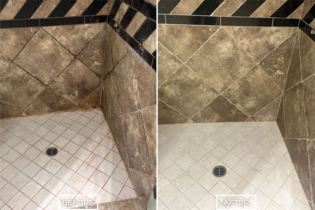 Before and after of StoneShine's travertine cleaning and sealing service in Southern California. A stained and discolored shower is thoroughly cleaned and sealed, restoring the tiles to a fresh, clean, and protected finish.