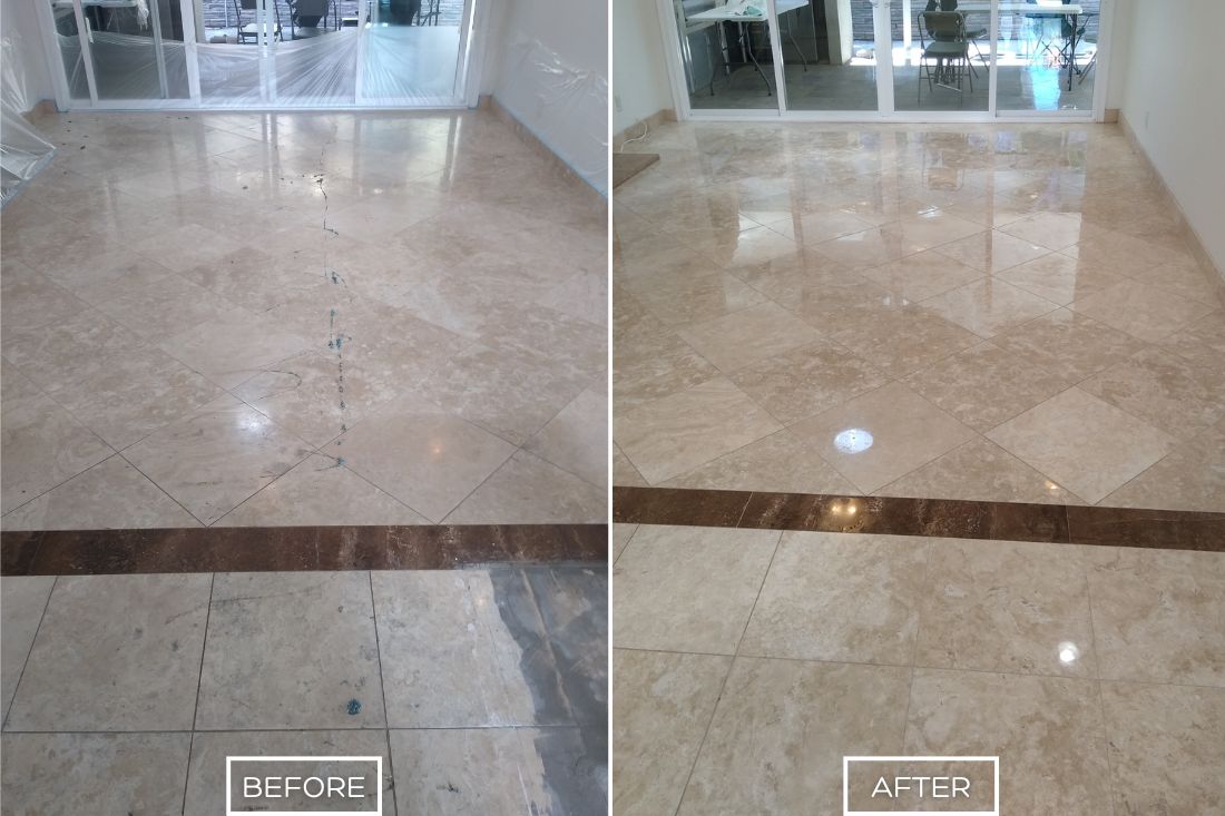 Before and after of StoneShine's travertine stain removal service in Southern California. A stained and dull floor is meticulously cleaned and restored, eliminating discoloration and leaving a smooth, polished, and radiant surface.