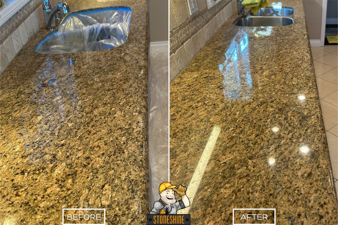 Before and after of StoneShine's granite countertop refinishing in West Covina. A dull and worn kitchen countertop is transformed into a sleek, polished surface with enhanced shine and clarity.