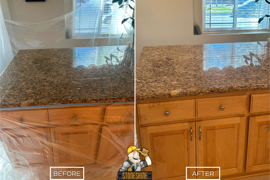 Before and after of StoneShine's granite countertop refinishing service in West Covina. A dull kitchen island countertop is revitalized into a polished, reflective surface, enhancing the space's elegance and brightness.