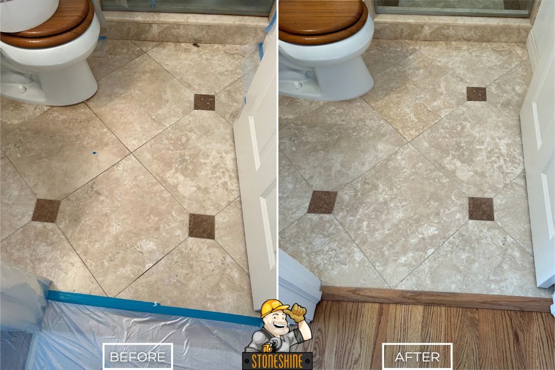 Before and after of StoneShine's travertine bathroom floor restoration service in Los Angeles. A dull and stained tile surface is transformed into a clean, matte-finished floor with enhanced grout lines and a refreshed appearance.