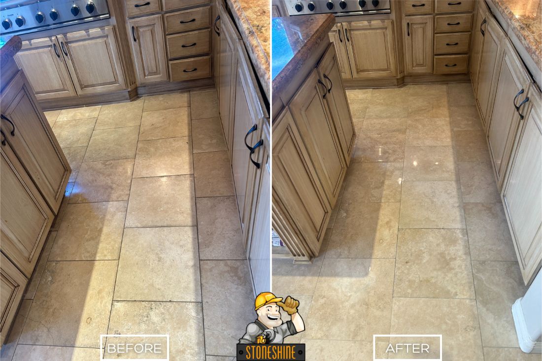 Before and after of StoneShine’s travertine floor restoration in Mission Viejo, enhancing a dull kitchen floor to a polished, refined finish.