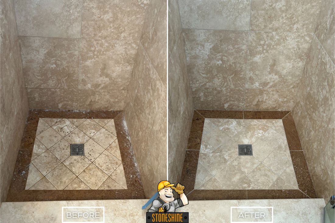 Before and after of StoneShine's travertine shower restoration service in Los Angeles. A stained and dull shower floor is transformed into a clean, matte-finished surface with refreshed grout lines and a natural look.