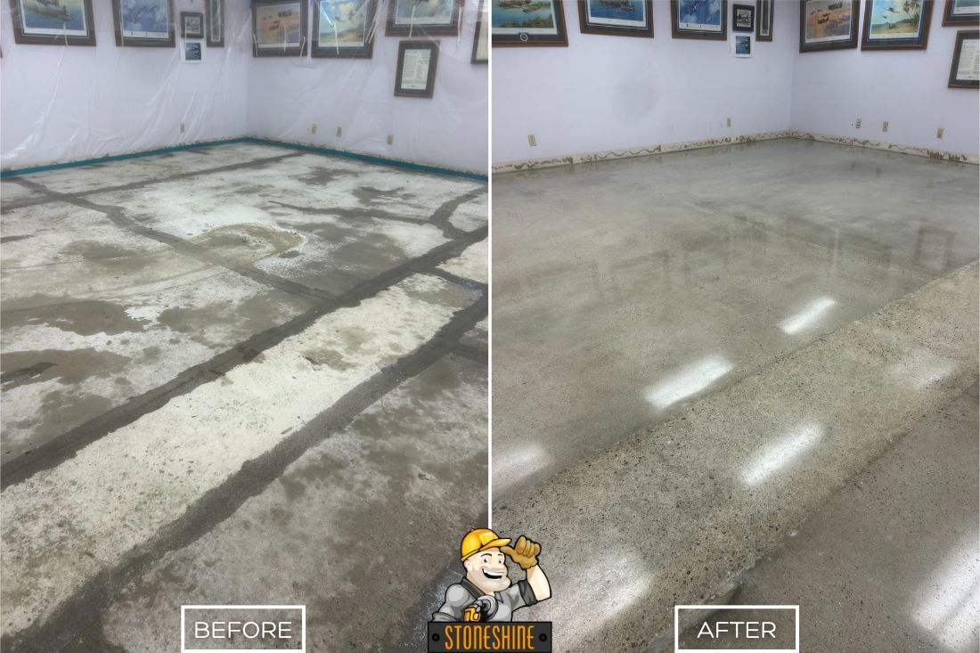 Before and after of StoneShine's concrete polishing service in Corona. A heavily stained and uneven showroom floor is transformed into a smooth, polished surface with a clean and reflective finish.