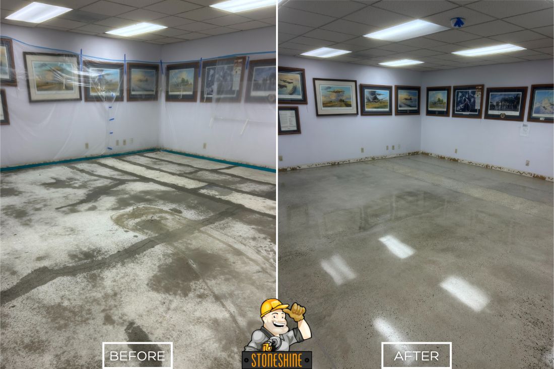 StoneShine performed grinding and polishing to a damaged concrete floor in Corona, turning a blotchy, worn surface into a clean, glossy finish that elevates the room’s appearance.