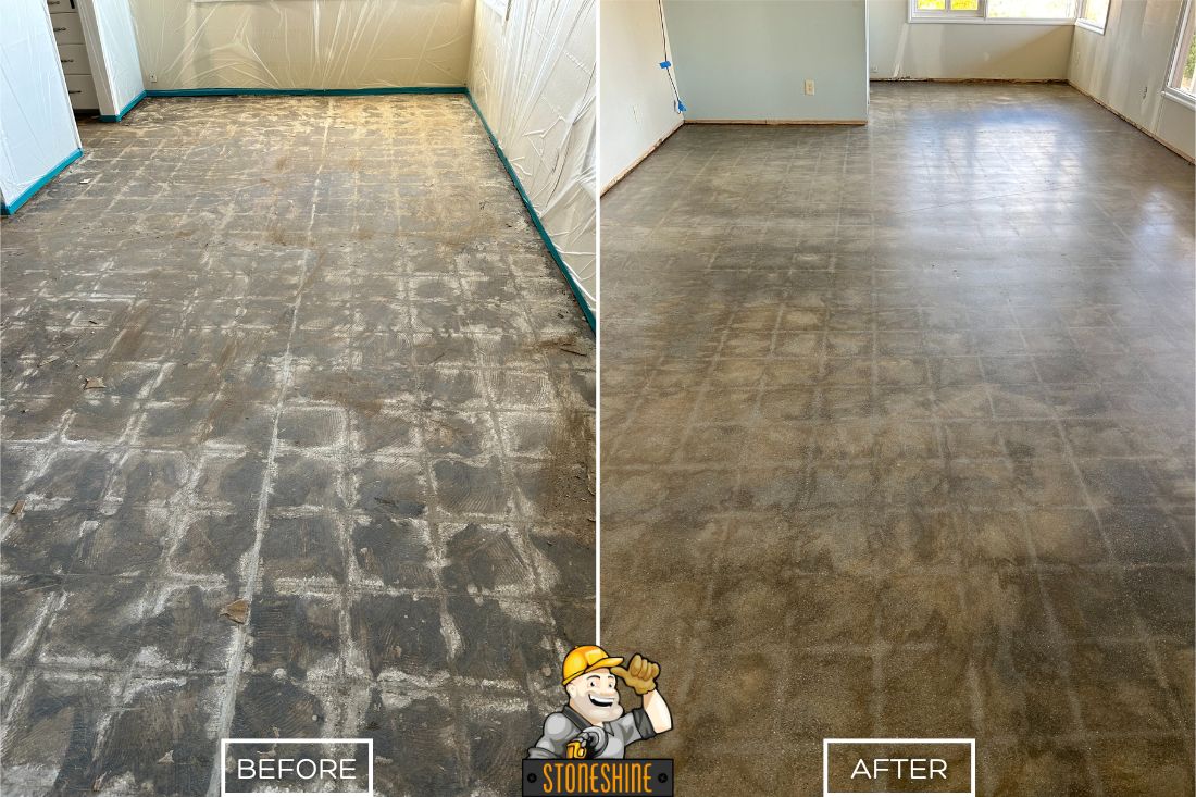 Before and after of StoneShine's concrete grinding service in Palm Springs. A rough, worn indoor floor is smoothed and prepped for new flooring installation, ensuring a clean and even surface.