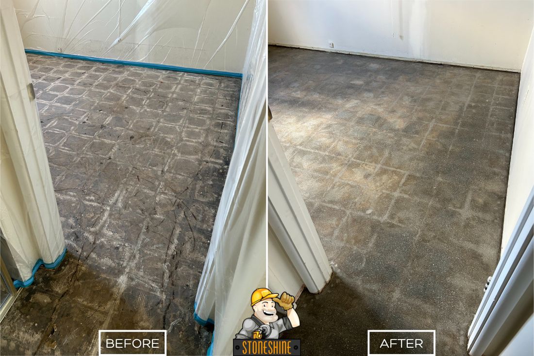 Before and after of StoneShine's concrete grinding service in Palm Springs. A bedroom floor is expertly smoothed and prepped for new flooring, ensuring a level and durable foundation.