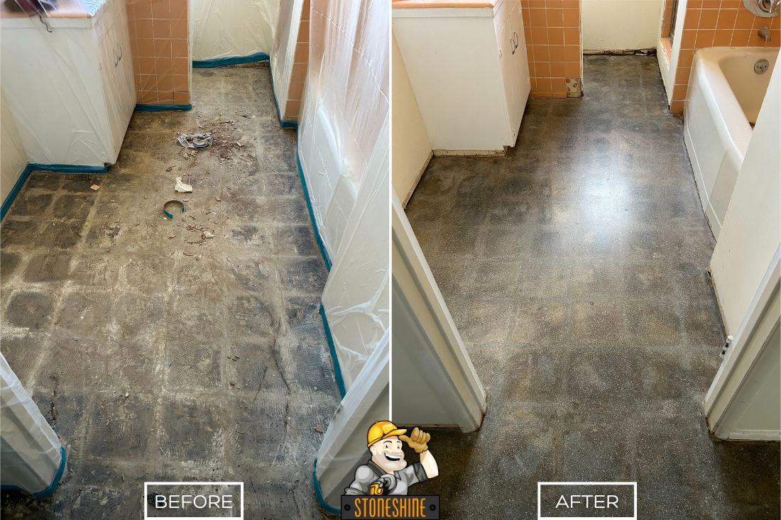 Before and after of StoneShine's concrete grinding service in Palm Springs. A bathroom floor is smoothed and prepped for new flooring, creating a clean and even foundation for installation.